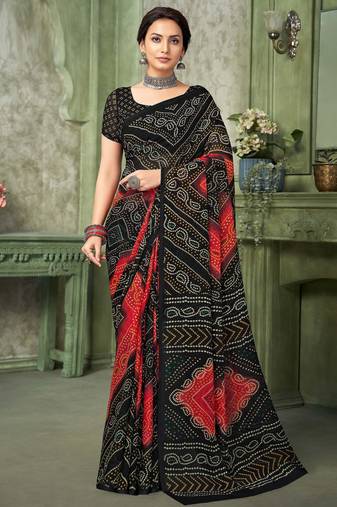 black red chiffon bandhani double shaded printed saree with blouse 