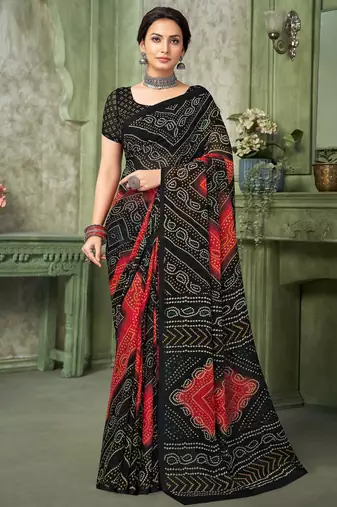 black red chiffon bandhani double shaded printed saree with blouse 