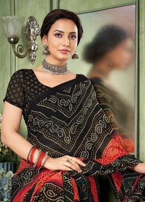 black red chiffon bandhani double shaded printed saree with blouse  2