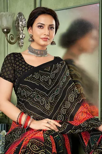 black red chiffon bandhani double shaded printed saree with blouse 