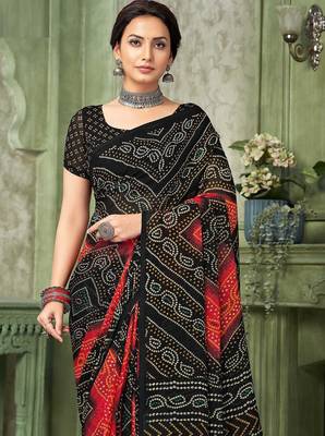 black red chiffon bandhani double shaded printed saree with blouse  3