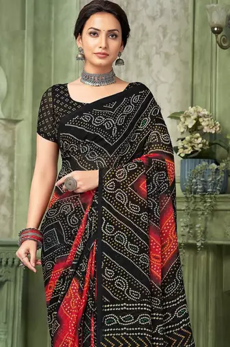 black red chiffon bandhani double shaded printed saree with blouse 