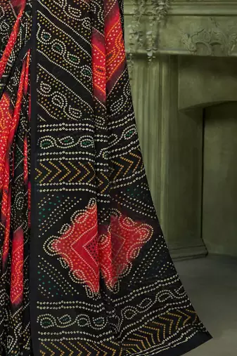 black red chiffon bandhani double shaded printed saree with blouse 