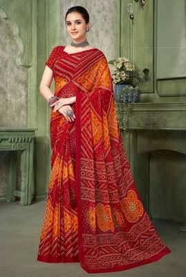 red orange chiffon bandhani double shaded printed saree with blouse  1