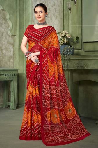 red orange chiffon bandhani double shaded printed saree with blouse 