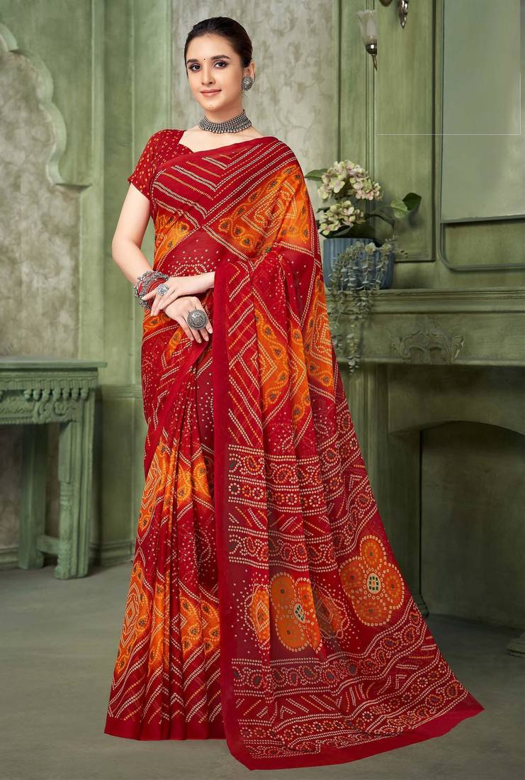 red orange chiffon bandhani double shaded printed saree with blouse 