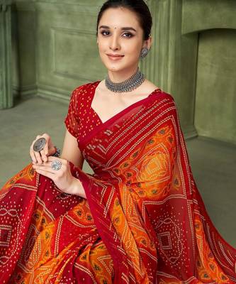 red orange chiffon bandhani double shaded printed saree with blouse  2