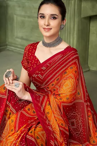 red orange chiffon bandhani double shaded printed saree with blouse 