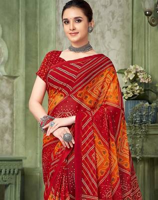 red orange chiffon bandhani double shaded printed saree with blouse  3