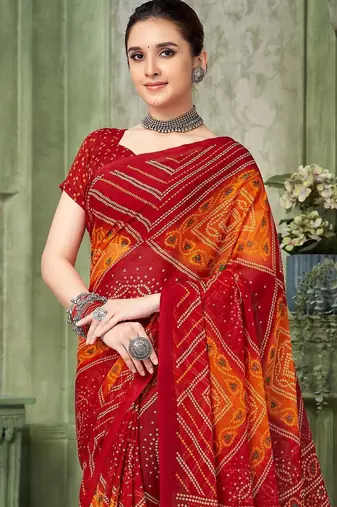 red orange chiffon bandhani double shaded printed saree with blouse 