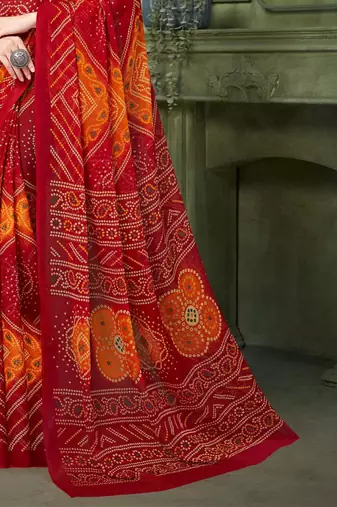 red orange chiffon bandhani double shaded printed saree with blouse 