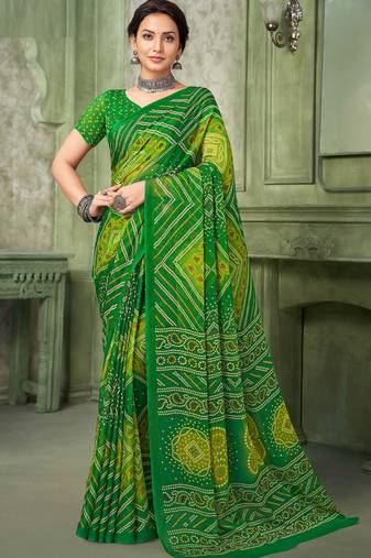 green chiffon bandhani double shaded printed saree with blouse 