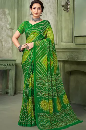 green chiffon bandhani double shaded printed saree with blouse 