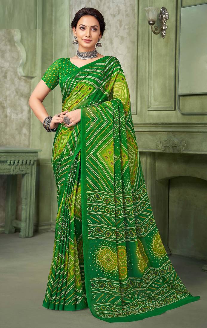 green chiffon bandhani double shaded printed saree with blouse 