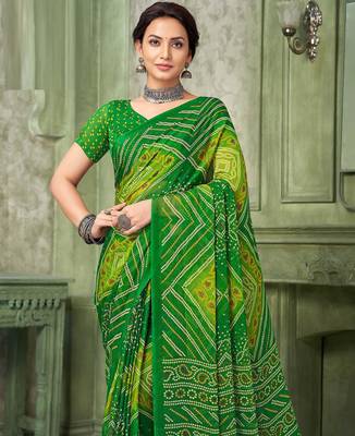 green chiffon bandhani double shaded printed saree with blouse  2