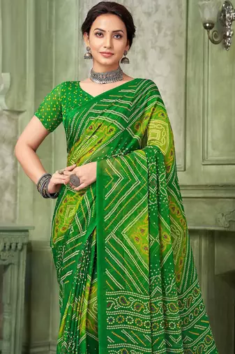 green chiffon bandhani double shaded printed saree with blouse 