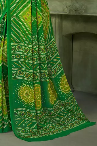green chiffon bandhani double shaded printed saree with blouse 