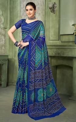blue green chiffon bandhani double shaded printed saree with blouse  1
