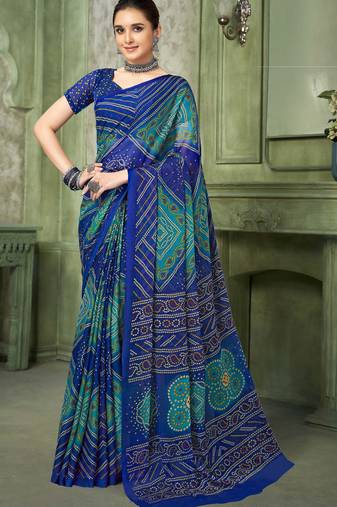 blue green chiffon bandhani double shaded printed saree with blouse 