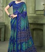 blue green chiffon bandhani double shaded printed saree with blouse 
