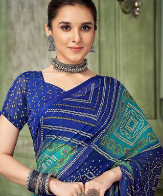 blue green chiffon bandhani double shaded printed saree with blouse  2