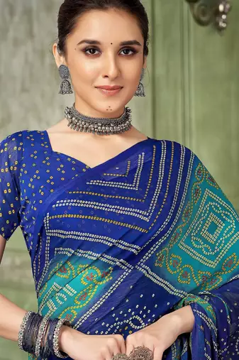 blue green chiffon bandhani double shaded printed saree with blouse 