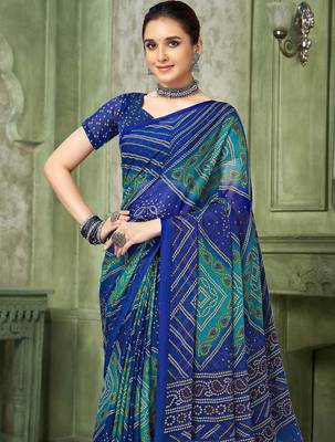blue green chiffon bandhani double shaded printed saree with blouse  3