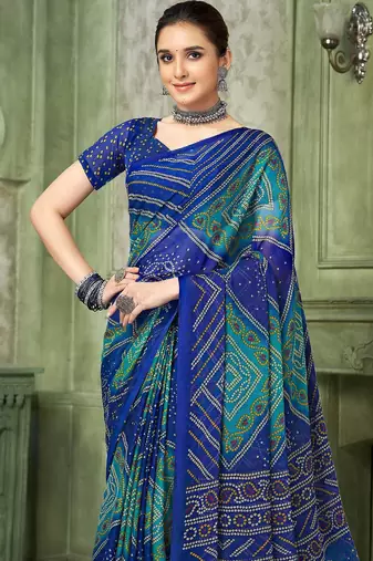 blue green chiffon bandhani double shaded printed saree with blouse 