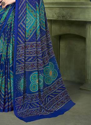 blue green chiffon bandhani double shaded printed saree with blouse  4