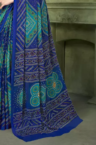blue green chiffon bandhani double shaded printed saree with blouse 