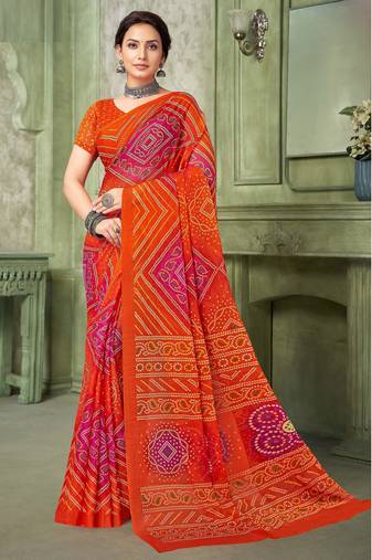 orange pink chiffon bandhani double shaded printed saree with blouse 