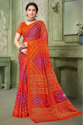 orange pink chiffon bandhani double shaded printed saree with blouse 
