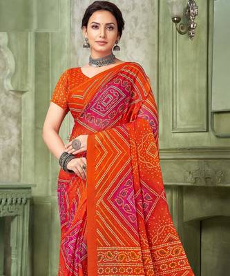 orange pink chiffon bandhani double shaded printed saree with blouse  2