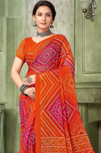 orange pink chiffon bandhani double shaded printed saree with blouse 
