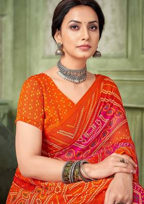 orange pink chiffon bandhani double shaded printed saree with blouse  3