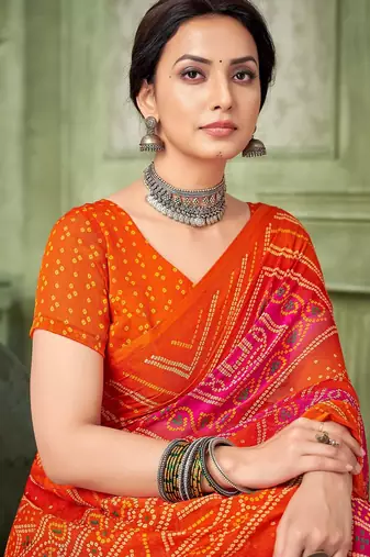 orange pink chiffon bandhani double shaded printed saree with blouse 