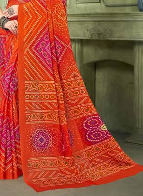 orange pink chiffon bandhani double shaded printed saree with blouse  4