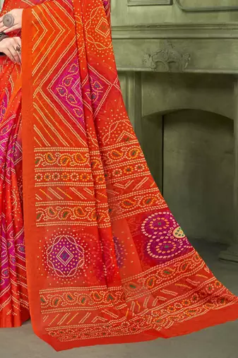 orange pink chiffon bandhani double shaded printed saree with blouse 