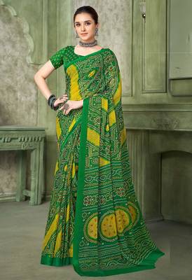 green yellow chiffon bandhani double shaded printed saree with blouse  1
