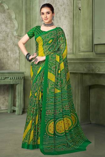 green yellow chiffon bandhani double shaded printed saree with blouse 