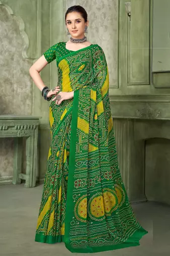 green yellow chiffon bandhani double shaded printed saree with blouse 