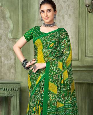 green yellow chiffon bandhani double shaded printed saree with blouse  2