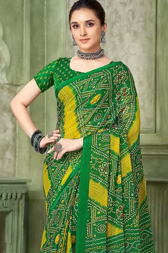 green yellow chiffon bandhani double shaded printed saree with blouse 