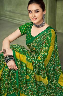 green yellow chiffon bandhani double shaded printed saree with blouse  3