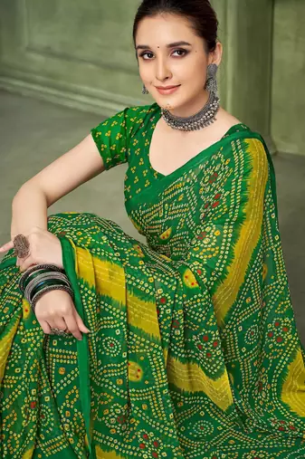 green yellow chiffon bandhani double shaded printed saree with blouse 