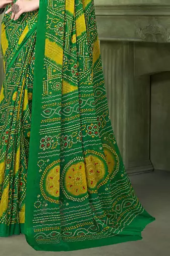 green yellow chiffon bandhani double shaded printed saree with blouse 