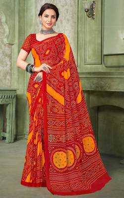 red yellow chiffon bandhani double shaded printed saree with blouse  1