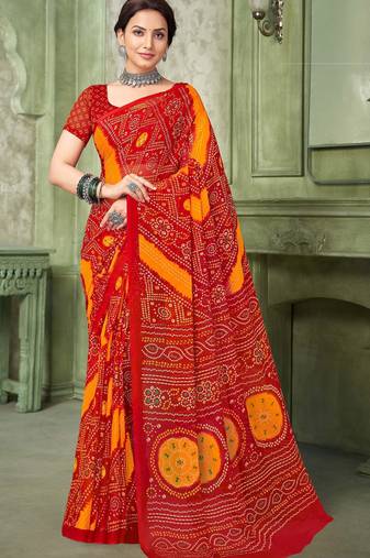 red yellow chiffon bandhani double shaded printed saree with blouse 