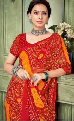 red yellow chiffon bandhani double shaded printed saree with blouse  2