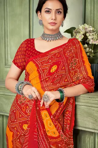 red yellow chiffon bandhani double shaded printed saree with blouse 